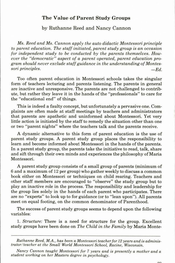 NAMTA Quarterly 02/1 05 The Value of Parent Study Groups