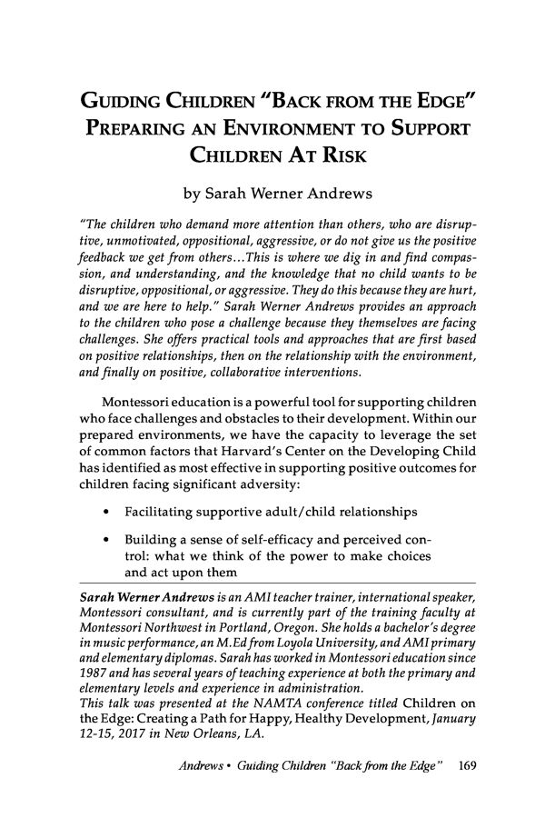 NAMTA Journal 42/2 09 Guiding Children "Back from the Edge" Preparing an Environment to Support Children at Risk