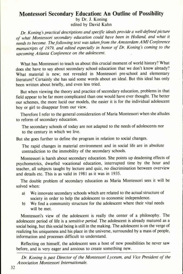 NAMTA Quarterly 06/2 07 Montessori Secondary Education: An Outline of Possibility