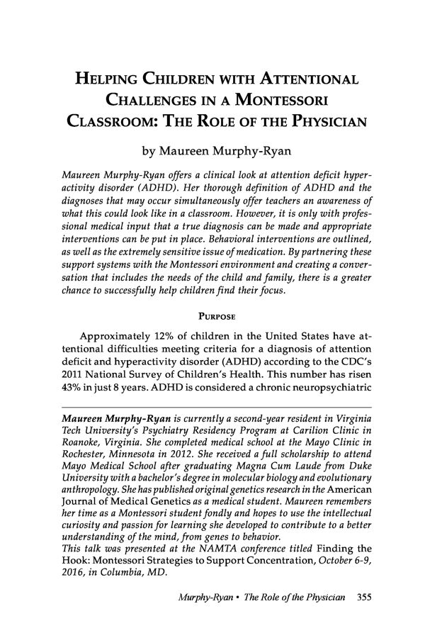 NAMTA Journal 42/2 14 Helping Children with Attentional Challenges in a Montessori Classroom: The Role of the Physician