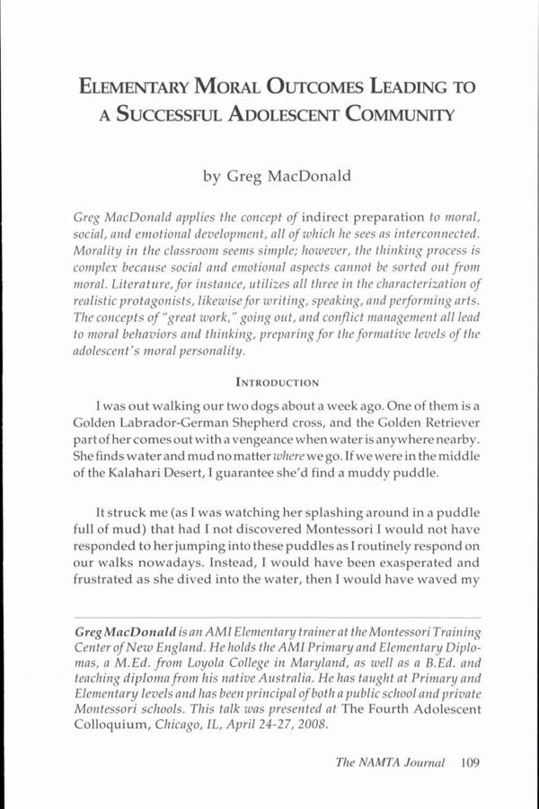 NAMTA Journal 33/3 09 Elementary Moral Outcomes Leading to a Successful Adolescent Community