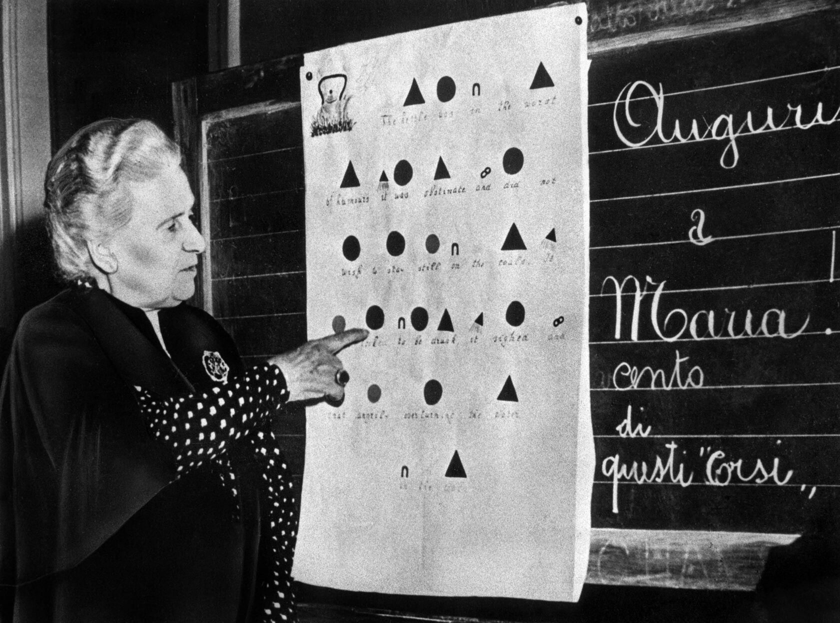 Maria Montessori explaining grammar symbols