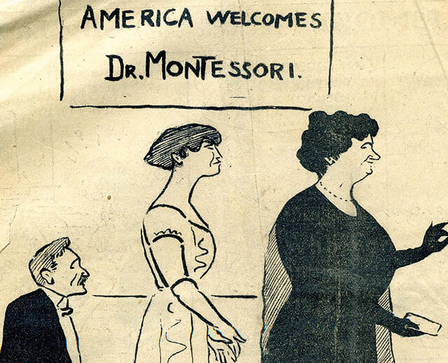 Cartoon of Maria Montessori speaking at Carnegie Hall