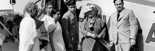 Maria Montessori and Mario Montessori arriving in Adyar, India, 1939